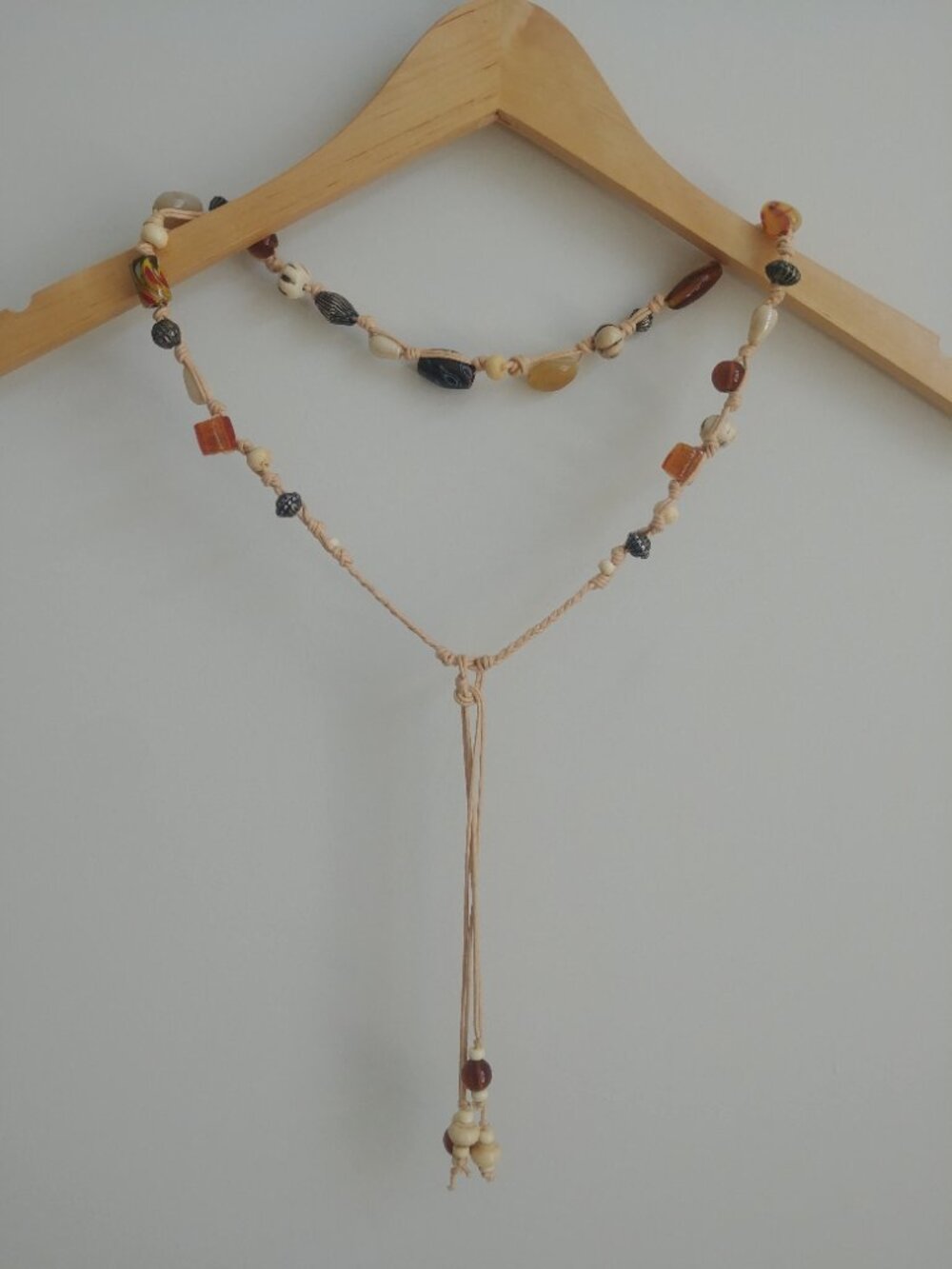Beaded tie belt tan with brown red silver and cream beads